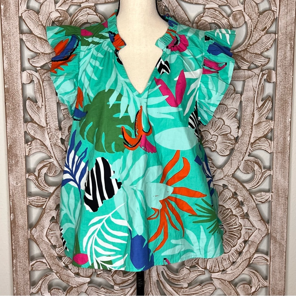 EUC Mud Pie Green Cotton Tropical Ruffled Cap Sleeve Blouse Sz L - Picture 3 of 6